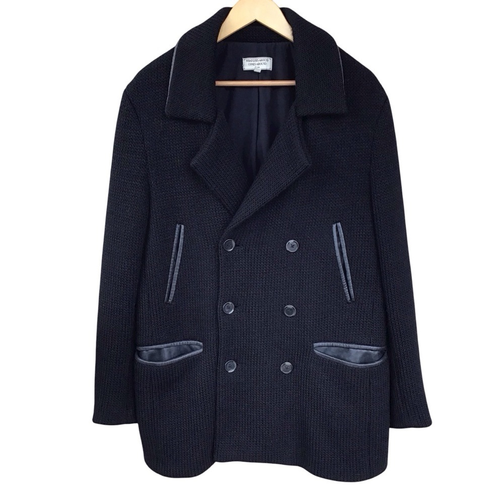 What Goes Around Comes Around Black Wool Alpaca Blend Leather Trim Coat